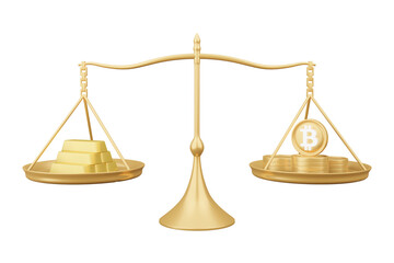 Bitcoin and gold in balance scale investment financial business and law concept