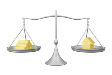 Gold and house in Silver balance scale investment financial business and law concept