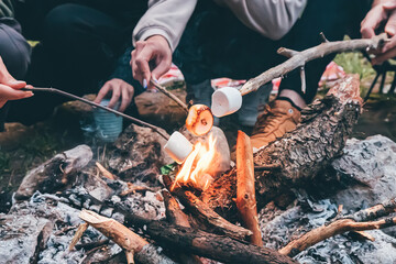 Cooking and roasting marchmallow on a bonfire during camping trip