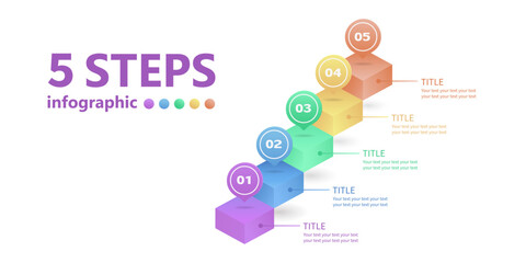 Business infographic in the form of a ladder of 5 steps going up. 3 D. Vector illustration.