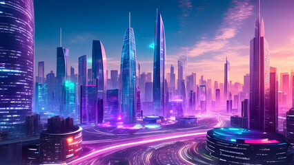 a futuristic cityscape with advanced technological infrastructure, including autonomous vehicles, smart buildings, and holographic displays created with Generative AI Technology