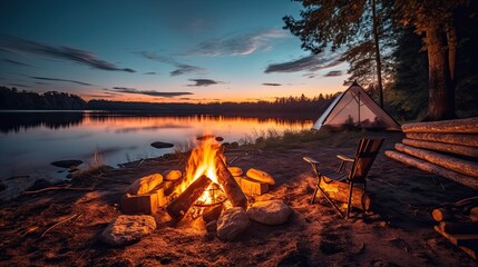 Glowing Campfire By The Lake