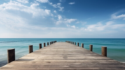 Fototapeta na wymiar Wooden Pier , boardwalk, Blue Sea Sky Background, Generative AI