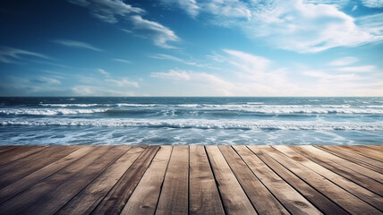 Wooden Pier , boardwalk, Blue Sea Sky Background, Generative AI