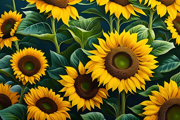 Fototapeta na wymiar pattern of golden Sunflowers dancing against a backdrop of lush green leaves