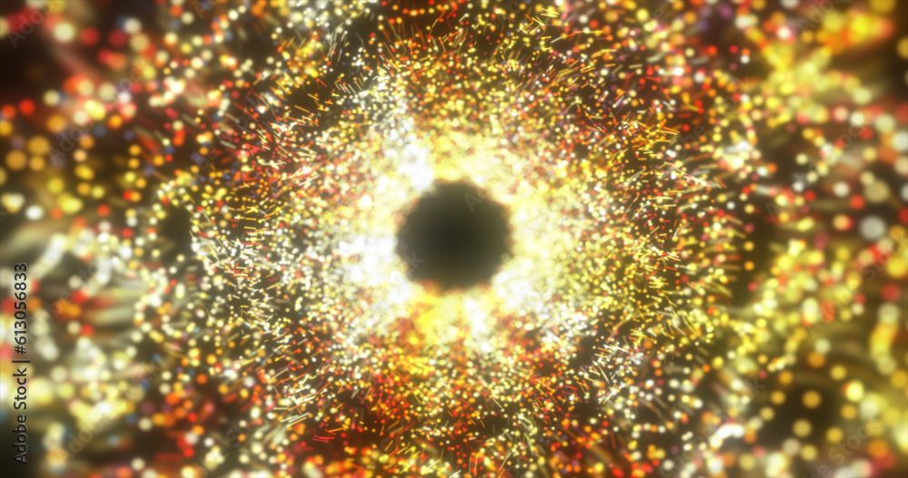 Poster abstract yellow energy tunnel made of particles and a grid of high-tech lines with a glowing backgro