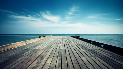 Wooden Pier, footbridge, Blue Sea Sky Background, Generative AI