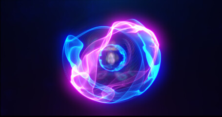 Blue purple energy sphere with glowing bright particles, atom with electrons and elektric magic field scientific futuristic hi-tech abstract background