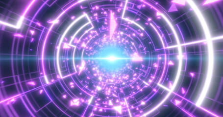 Abstract purple glowing neon laser tunnel futuristic hi-tech with energy lines and flying particle fragments, abstract background