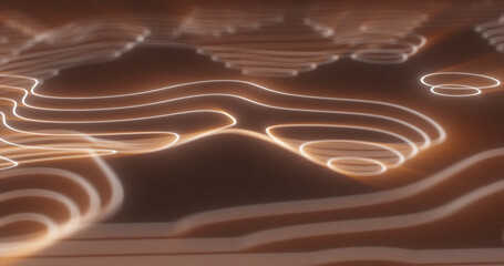 Abstract yellow futuristic hi-tech landscape with mountains and canyons from glowing energy circles and magic lines background