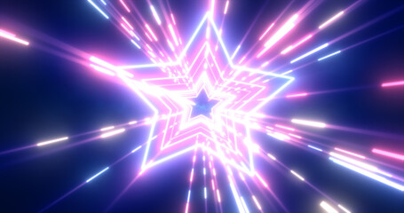 Abstract purple energy futuristic hi-tech tunnel of flying stars and lines neon magic glowing background