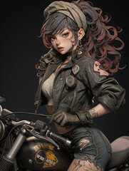 Fototapeta na wymiar Moto Babe: A 3D Anime Girl with Realistic Features, donning a Motorcycle Rider Jacket, Posing alongside her Bike. Created with generative ai technology