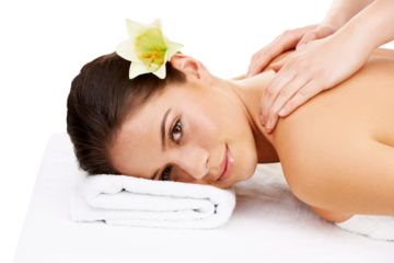 Spa massage, face portrait or happy woman calm, relax and smile for wellness care therapy, clinic service or body treatment. Masseuse services, hands or person isolated on transparent, png background