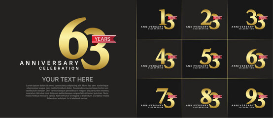 set of anniversary logo with golden number and red ribbon can be use for celebration