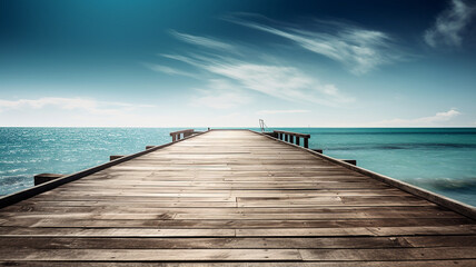Fototapeta na wymiar Boardwalk, Footbridge, Wooden Pier Blue Sea Sky Background, Generative AI
