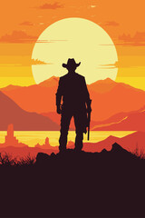 Classic retro western movie poster with a sheriff or outlaw man silhouette holding a gun at the sunset  - obrazy, fototapety, plakaty