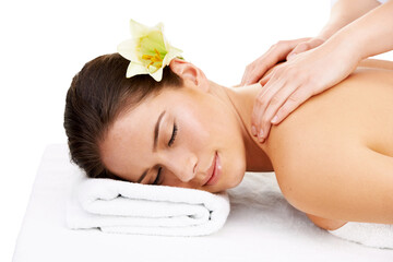 Spa, relax and massage with woman on transparent background for beauty, peace and skincare....