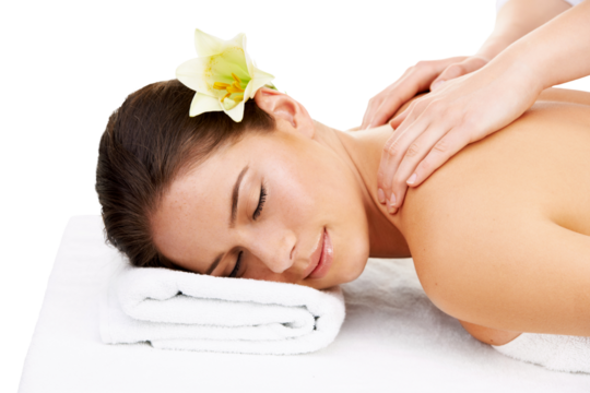 Spa, relax and massage with woman on transparent background for beauty, peace and skincare. Beautician, resort and wellness with female person isolated on png for salon, cosmetics and luxury