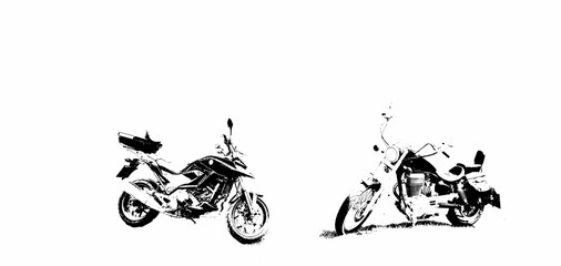 comparison black and white graffity style illustration of modern touring motorcycle and old fashioned vintage chopper motorcycle. 