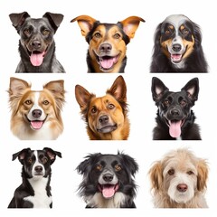 Set of different happy dogs portraits isolated on white background, created with generative AI