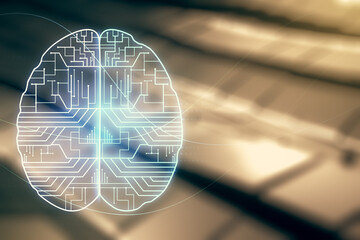 Virtual creative artificial Intelligence hologram with human brain sketch on blurry abstract metal background. Multiexposure