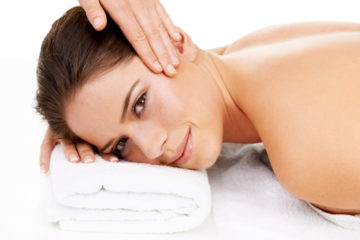 Face massage, spa portrait and happy woman calm, relax and smile for beauty salon care, luxury clinic or facial treatment. Masseuse service, hands and person isolated on transparent, png background