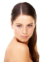 Obraz premium Beauty, wellness and face of woman with makeup foundation, natural facial cosmetics or luxury skincare treatment. Cosmetology, anti aging routine and person isolated on a transparent, png background