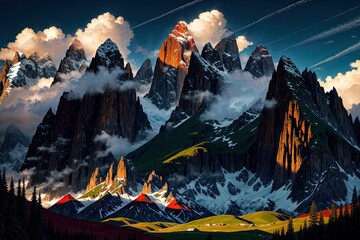 Fototapeta na wymiar Celestial Alpine Symphony: Clouds' Shade and Sun's Brilliance Unite in Harmonious Splendor - Generative AI 7