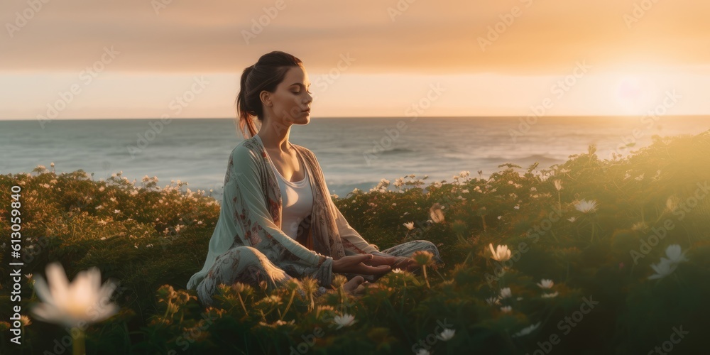 Poster A woman meditating in a field of flowers. Generative AI.