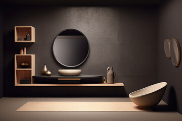 Composition of shelves with a round mirror on top in an interior design minimalistic concept. Generative AI