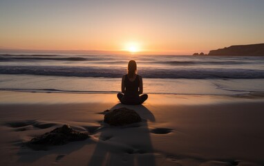 Naklejka na ściany i meble A woman sitting on a rock on the beach at sunset. Generative AI.