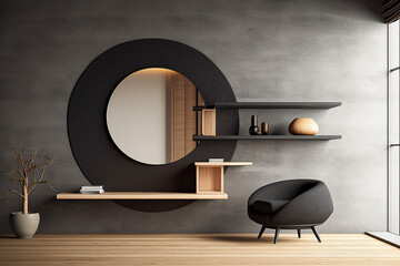 Composition of shelves with a round mirror on top in an interior design minimalistic concept. Generative AI