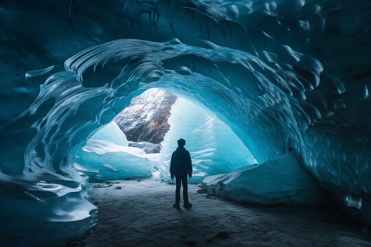Ice cave landscape with a man standing in the ice cave