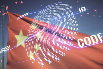 Multi exposure of virtual fingerprint scan interface on flag of China and blue sky background, digital access concept