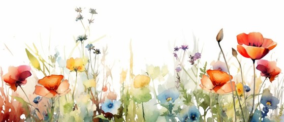 Beautiful watercolor illustration of a field. Bright wildflowers. Generative AI