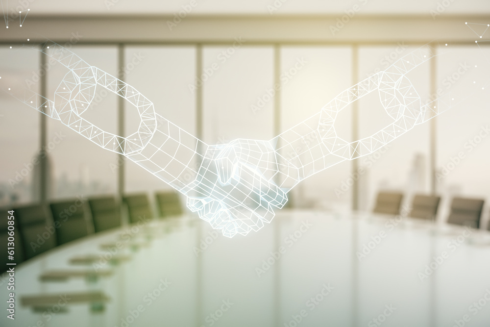 Poster double exposure of abstract virtual blockchain technology hologram with handshake on a modern meetin