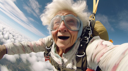Abenteuerlust im Herzen: Oma wagt den Fallschirmsprung - obrazy, fototapety, plakaty