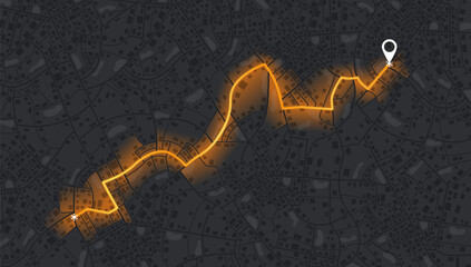 Location tracks dashboard. City street road. City streets and blocks, route distance data, path turns and destination tag or mark. Huge city top view. Isometric