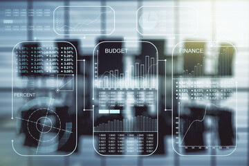 Abstract virtual analytics data spreadsheet on a modern coworking room background, analytics and analysis concept. Multiexposure