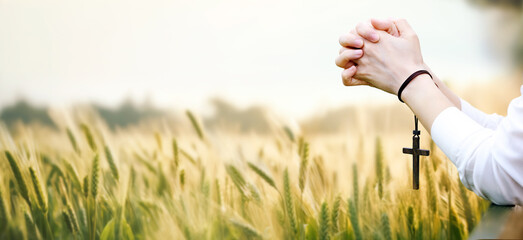 Praying christian and cross and thanksgiving and thanksgiving barley and barley field background...