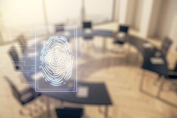 Abstract virtual fingerprint illustration on a modern coworking room background, personal biometric data concept. Multiexposure