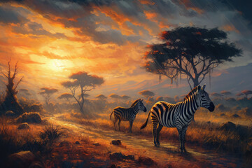 Fototapeta na wymiar Zebras in the savannah manga watercolor oil illustration generative ai