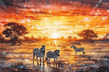 Zebras in the savannah manga watercolor oil illustration generative ai - 613062673