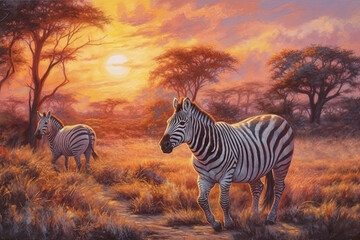 Zebras in the savannah manga watercolor oil illustration generative ai