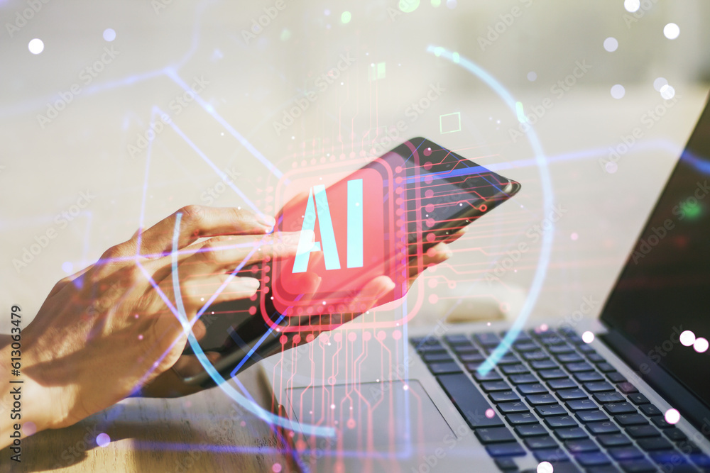 Poster double exposure of creative artificial intelligence abbreviation and hand working with a digital tab