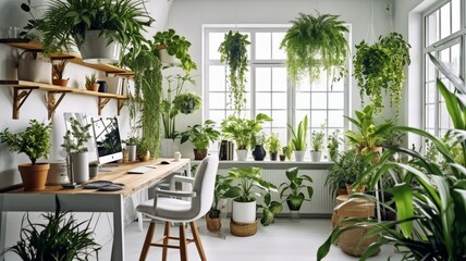 Fototapeta na wymiar This simple but inviting office area is given life with hanging plants. GENERATE AI