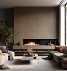 Minimalist Design Detail: Cozy Living Room with Stylish Fireplace..