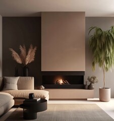 Minimalist Design Detail: Cozy Living Room with Stylish Fireplace..