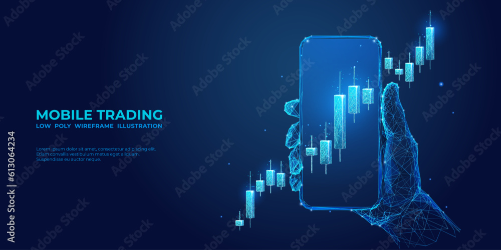 Poster digital stock market graph chart in a smartphone. abstract hand holding a phone with investment cand