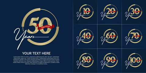 set of anniversary logo with golden number in circle and red ribbon can be use for celebration